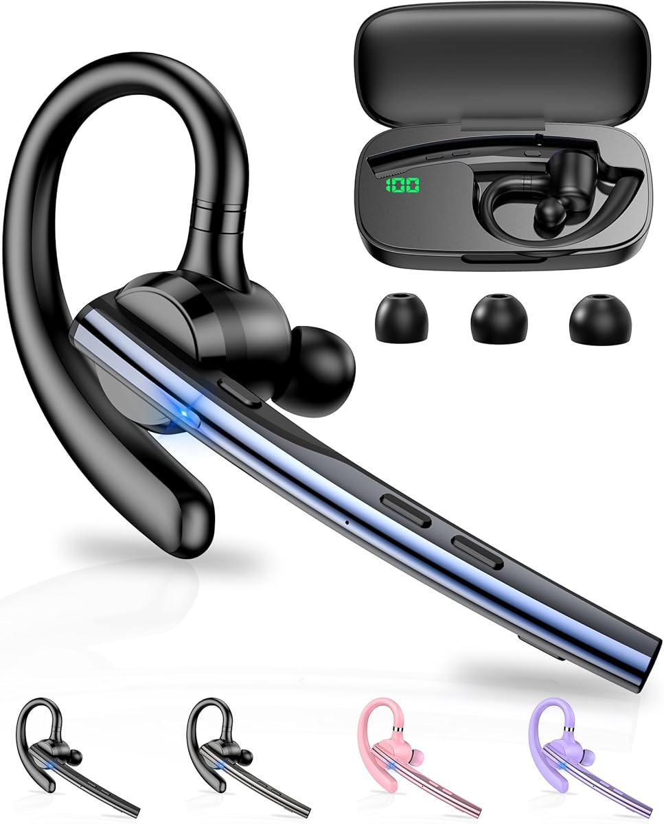 New Bee Bluetooth Headset V5.1 72H Talk Time Dual Mic with Mute Button for Business, Wireless Hand-Free Bluetooth Earpiece with 500mAh Charging Case for Cell Phone Calls Trucker Driver Laptop