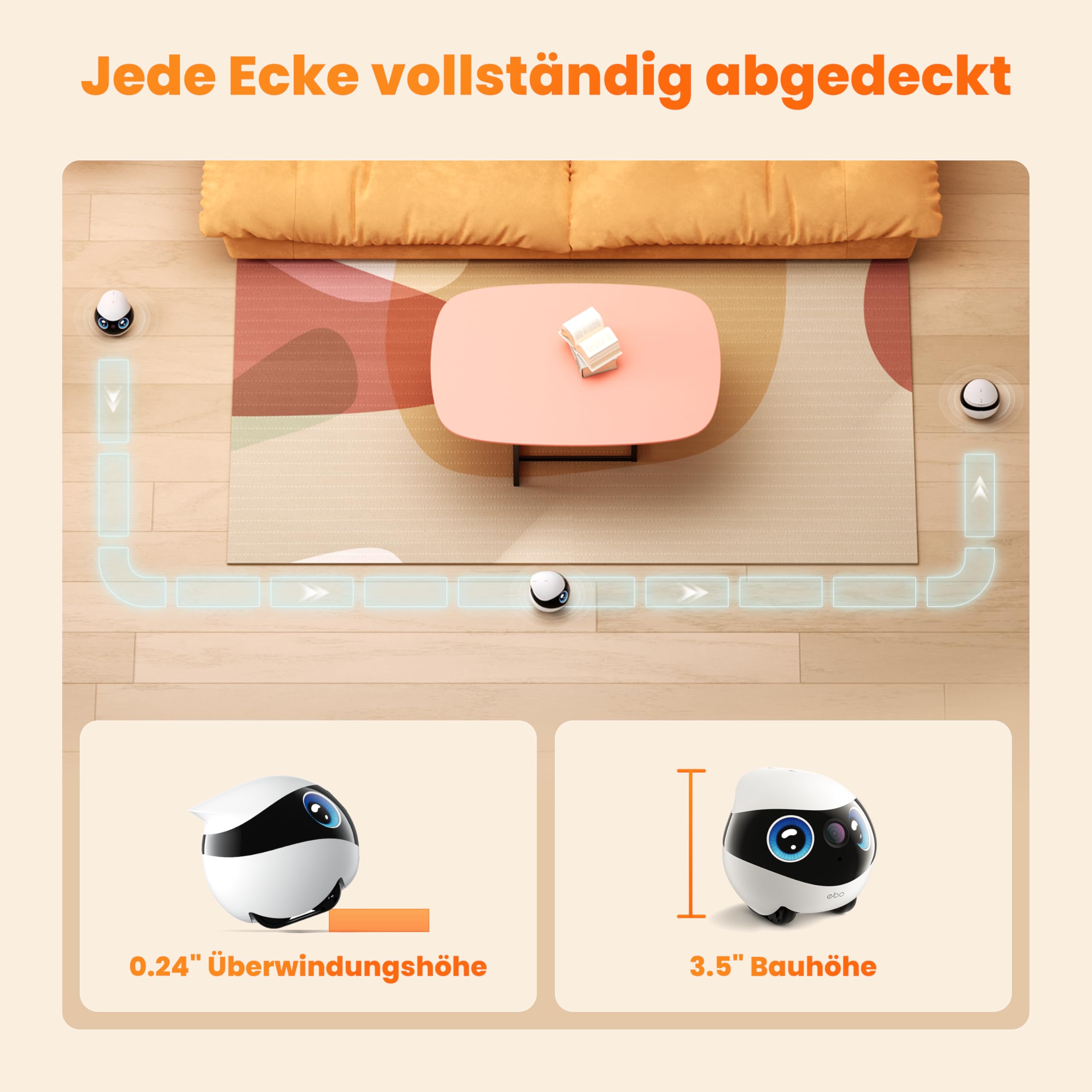 EBO Mini FamilyBot Mobiler Heimroboter mit 2K-Kamera Für Familie&Haustiere | Kompakter mobiler Roboter: Fahre durch dein Zuhause, prüfe Räume und sieh nach Familie oder Haustieren unterwegs.