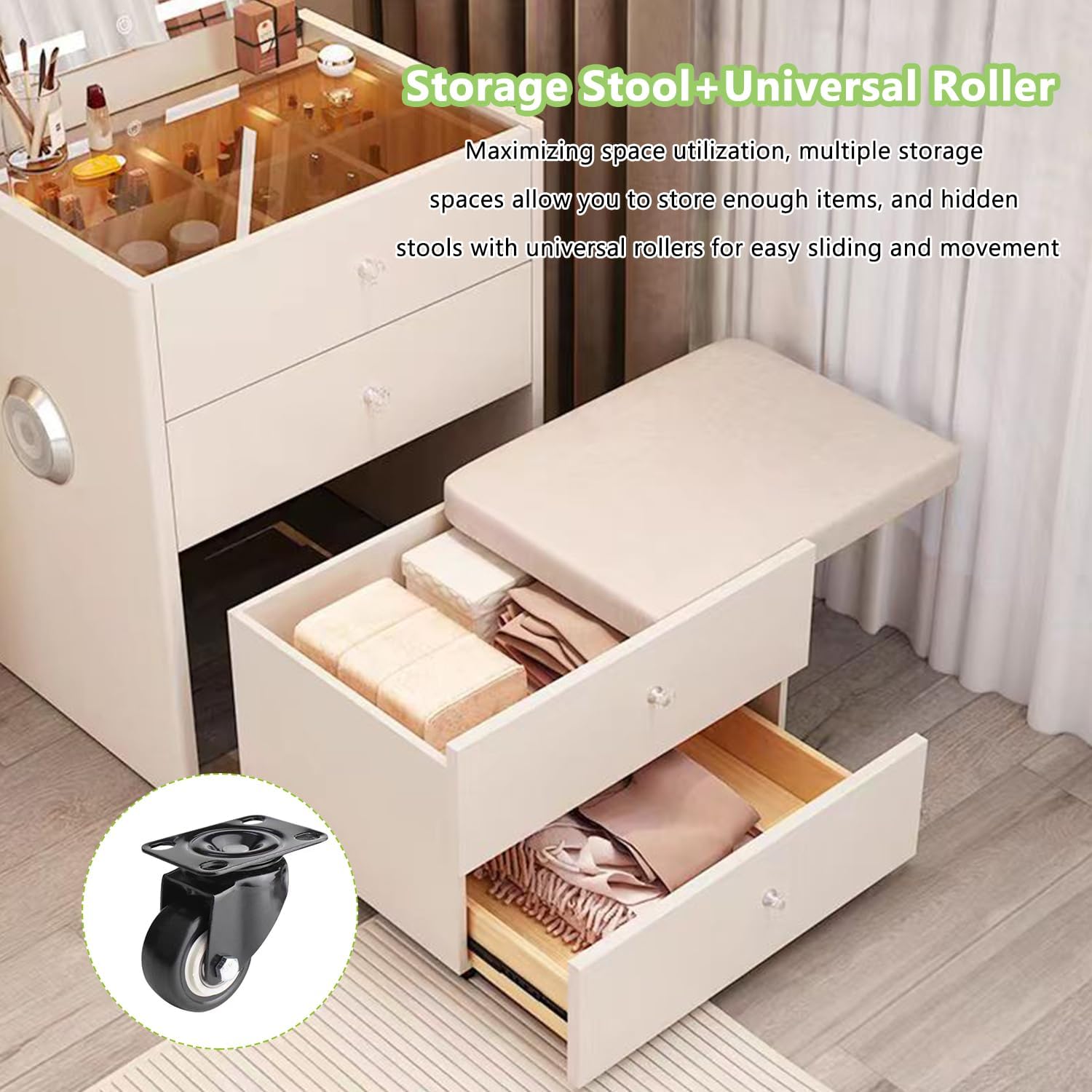 Compact Vanity Desk, 3 in 1 Vanity Desk with Dual Speakers and USB Charging, Corner Makeup Vanity Desk with Lights, Flip Mirror Light, Hidden Soft Stool, No Installation Required (19.7in)