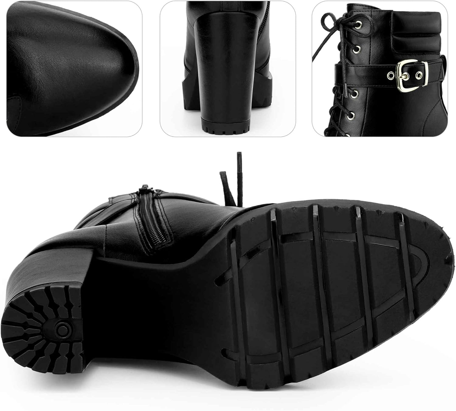 Perphy Platform Lace Up Chunky Heel Buckle Ankle Combat Boots for Women