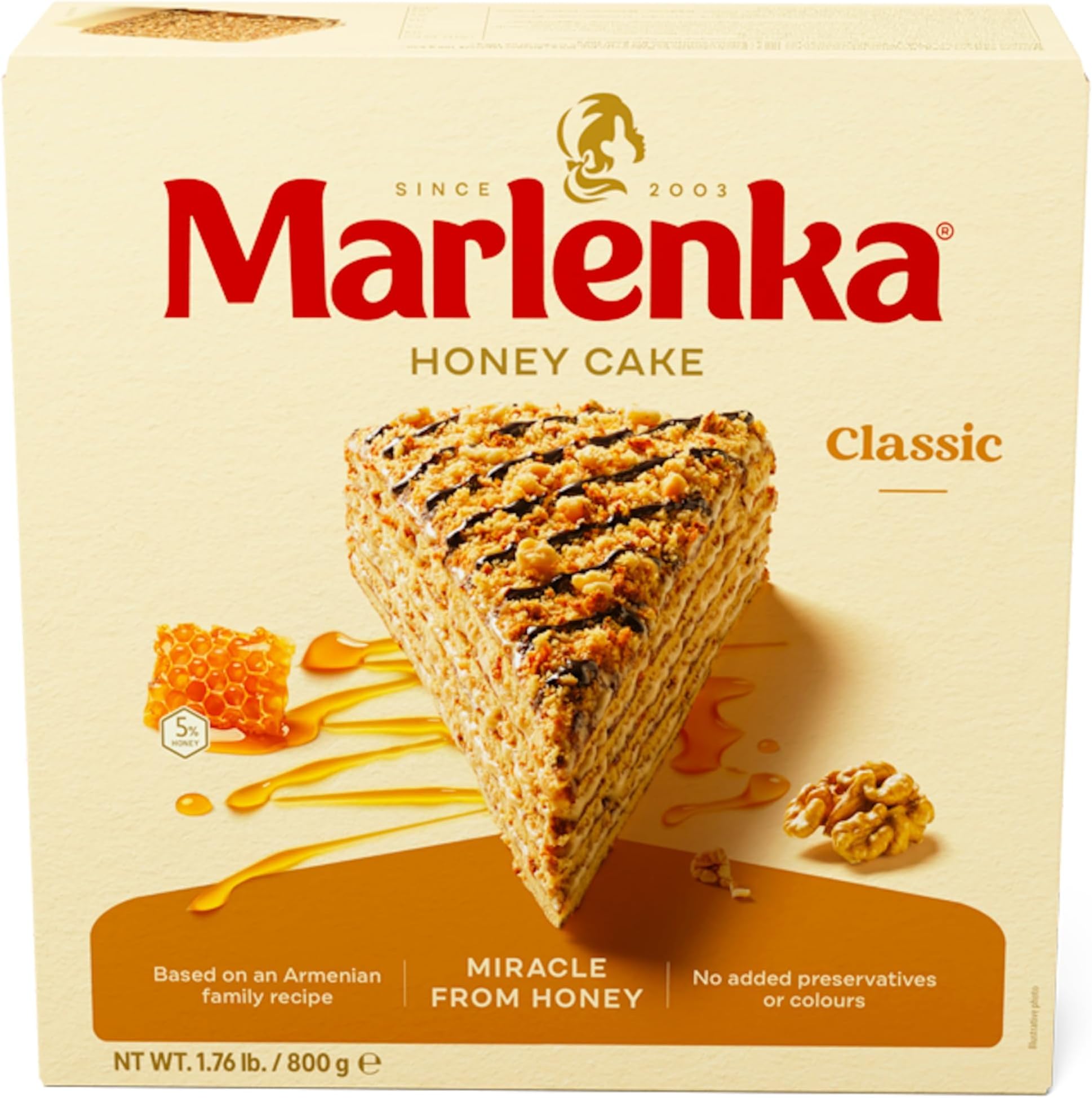 MARLENKA® Honey Cake with Walnuts – Traditional Honey Sponge Cake (1 x 800 g)