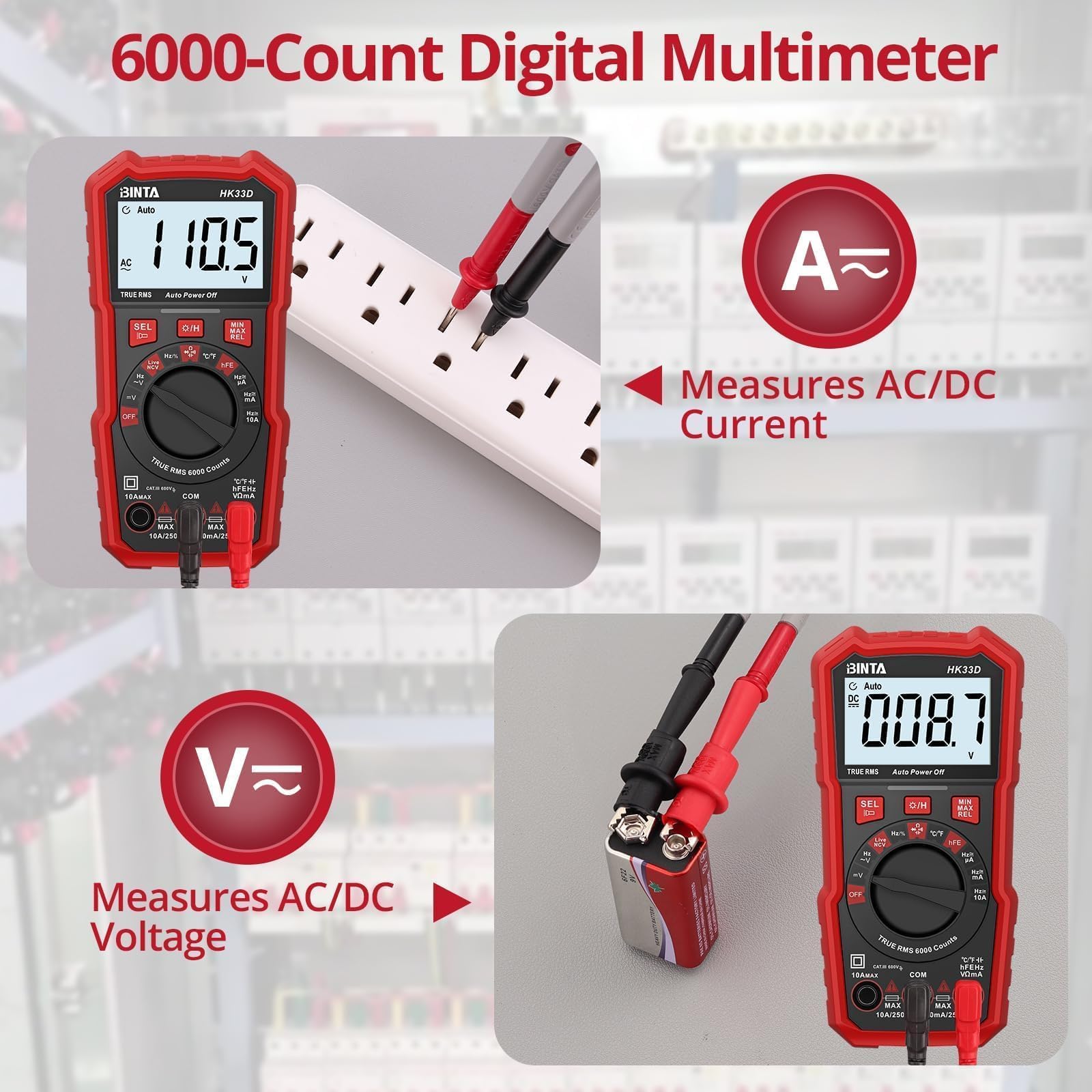 BINTA Multimètre Automatique Numérique 6000 Comptes avec Écran LCD Tension AC/DC, Capacité, Résistance, NCV Live, HFE, Mesure des Transistors, Rapport Cyclique pour Automobile, Maison et Industrie