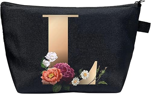 Miniatura 1 de CTNUOBEE Bolsa de comestic con letras del alfabeto dorado con bolsa de maquillaje de flores, bolsa de viaje portátil con cremallera, bolsa de aseo