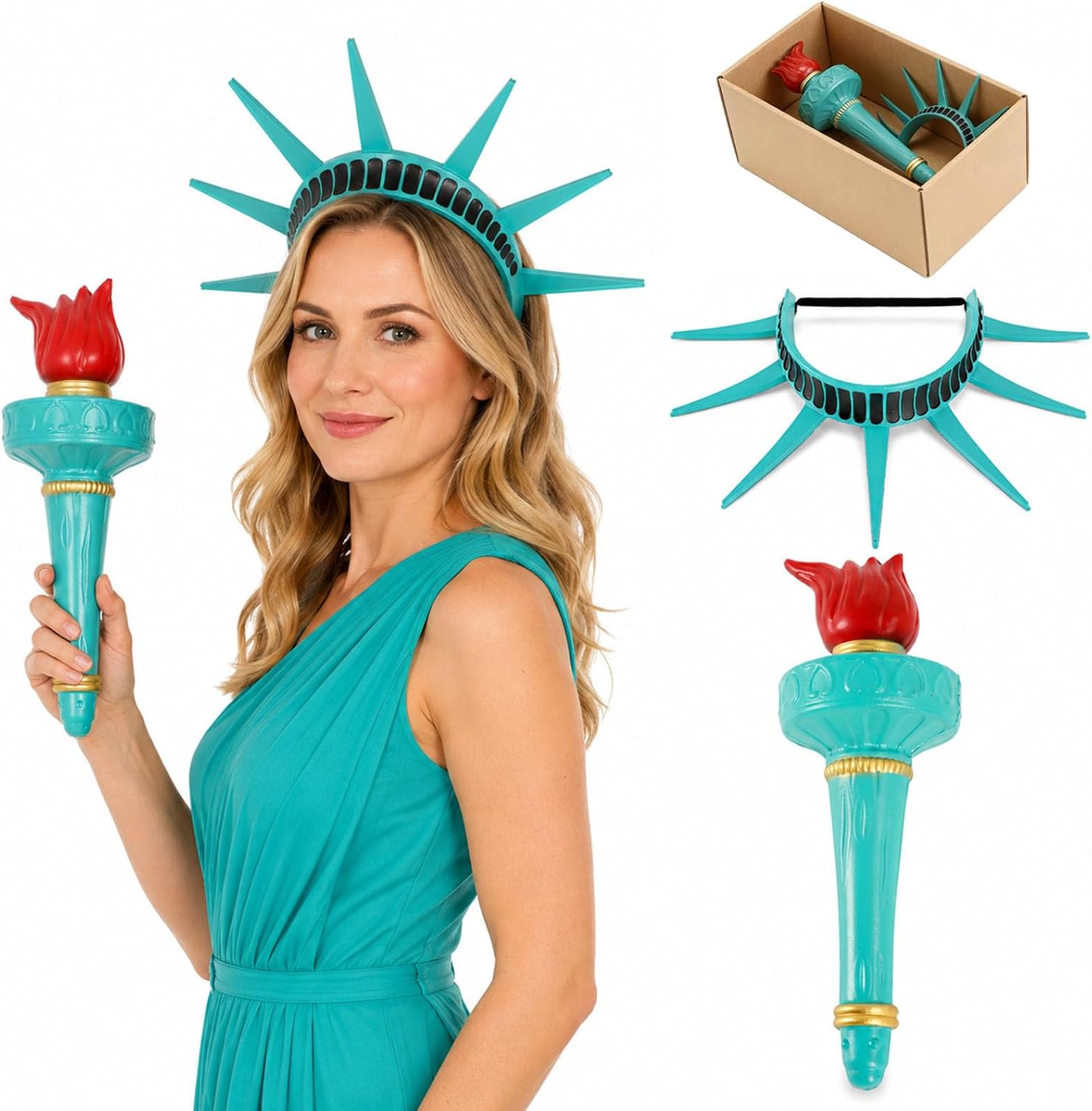 nezababycos 2PCS Statue of Liberty Crown and Torch, Lady Liberty Headband Costume Accessories Goddess Headpiece Ornament with Box for Women Independence Day Halloween Party