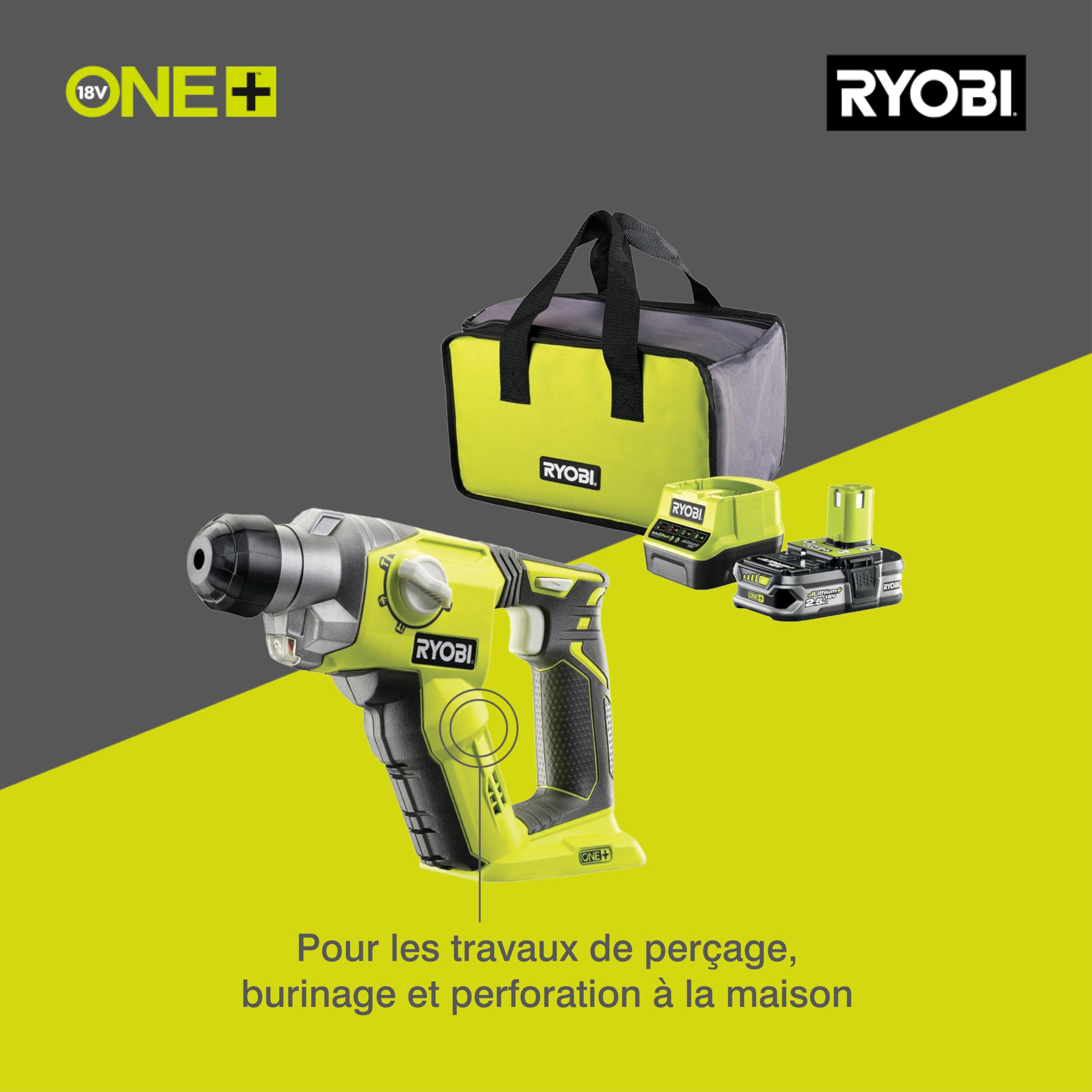 RYOBI - Perforateur SDS+ Sans Fil 18V ONE+ R18SDS-125S – 4 Modes, Mandrin SDS+, Batterie 2.5Ah + Chargeur Inclus, Idéal Béton et Maçonnerie