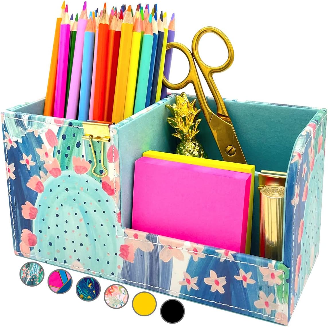 French KOKO PU Leather Desk Organizer Cute Pen Holder Office Pencil Holders Organizers Table Top Desktop Desk Accessories Supplies Decor Office Organization Office Decor for Women Art Caddy Cactus