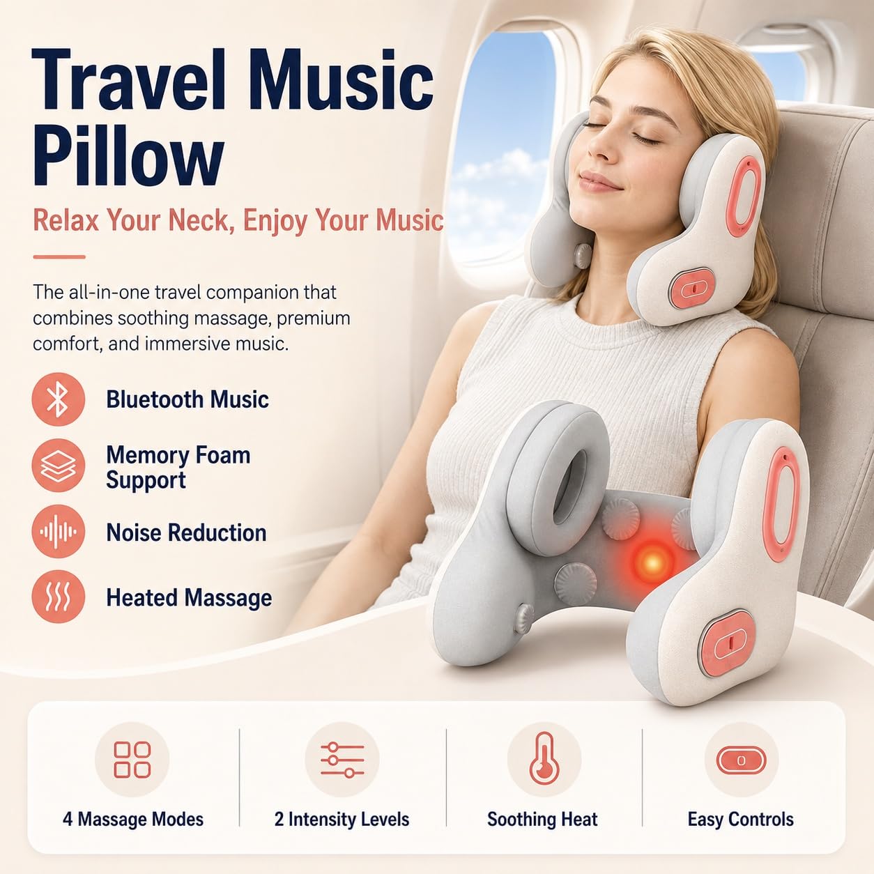 Almohada de Viaje Musical 3 en 1 Bluetooth con Calor y Masaje