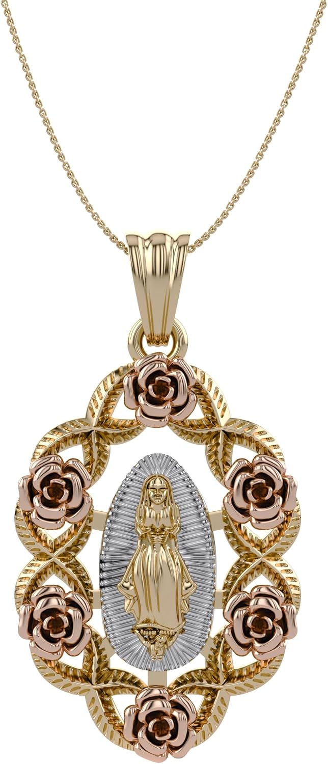 AFFY Our Lady of Guadalupe Pendant Necklace, Three-Tone 14K Gold Over 925 Sterling Silver, Inspirational Religious Catholic Jewelry Gift for Women & Men with 18" Rope Chain