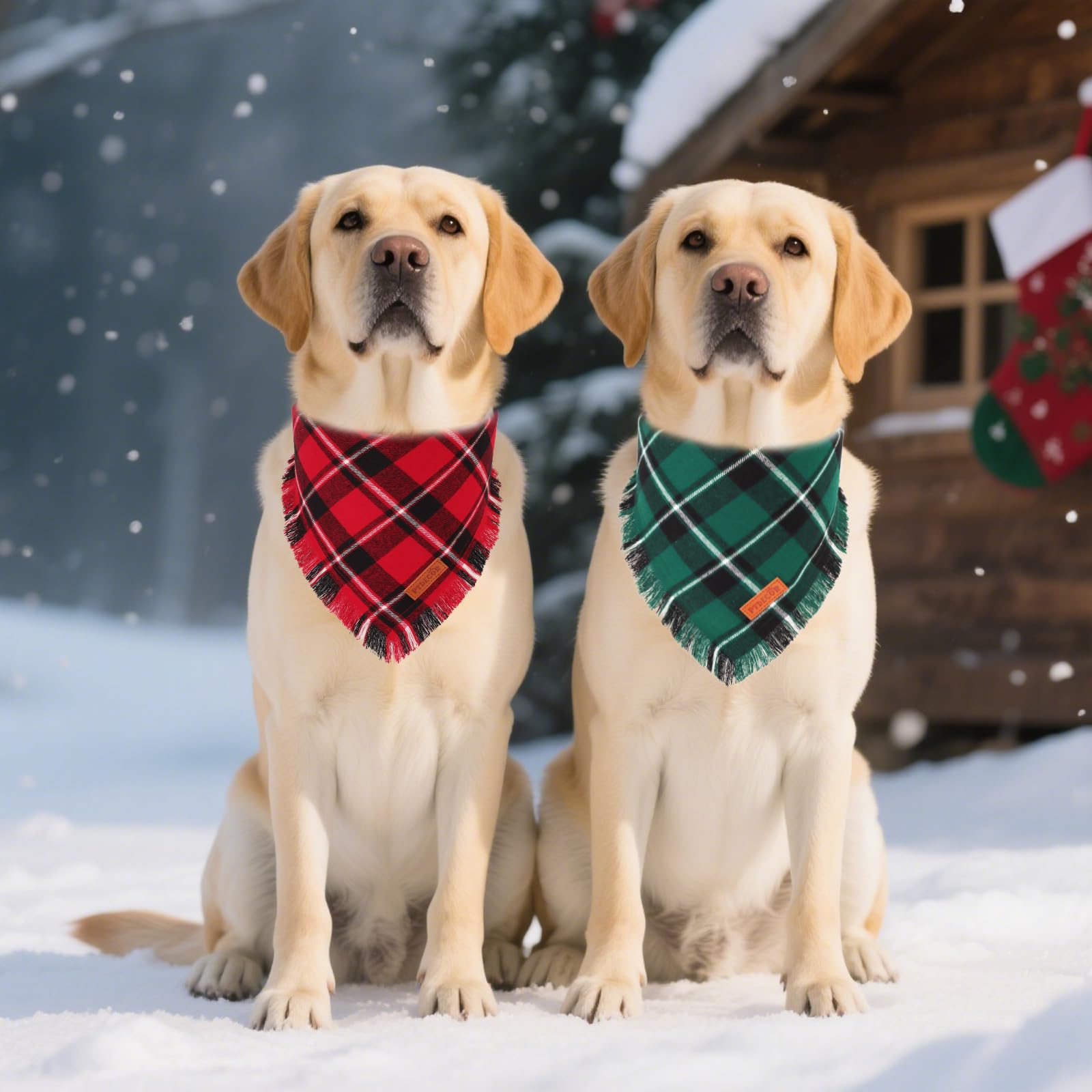 PTDECOR Bandanas de Navidad para perros con borlas, paquete de 2 elegantes baberos a cuadros rojos y verdes, tela de algodón de alta calidad, bandanas triangulares reversibles de Navidad para perros