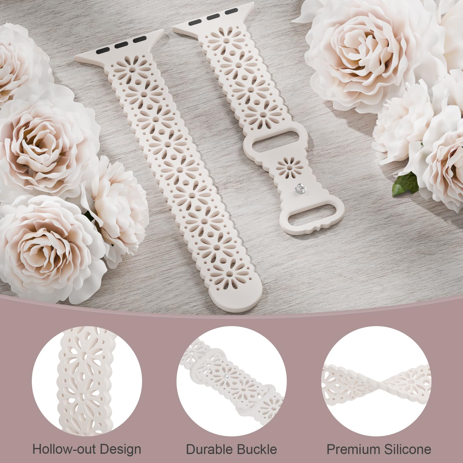 Bracelet fin en silicone compatible avec Apple Watch pour femme - 38 mm, 40 mm, 41 mm, 42 mm, 44 mm, 45 mm, 46 mm, 49 mm - Bracelet fin et souple avec gravure florale