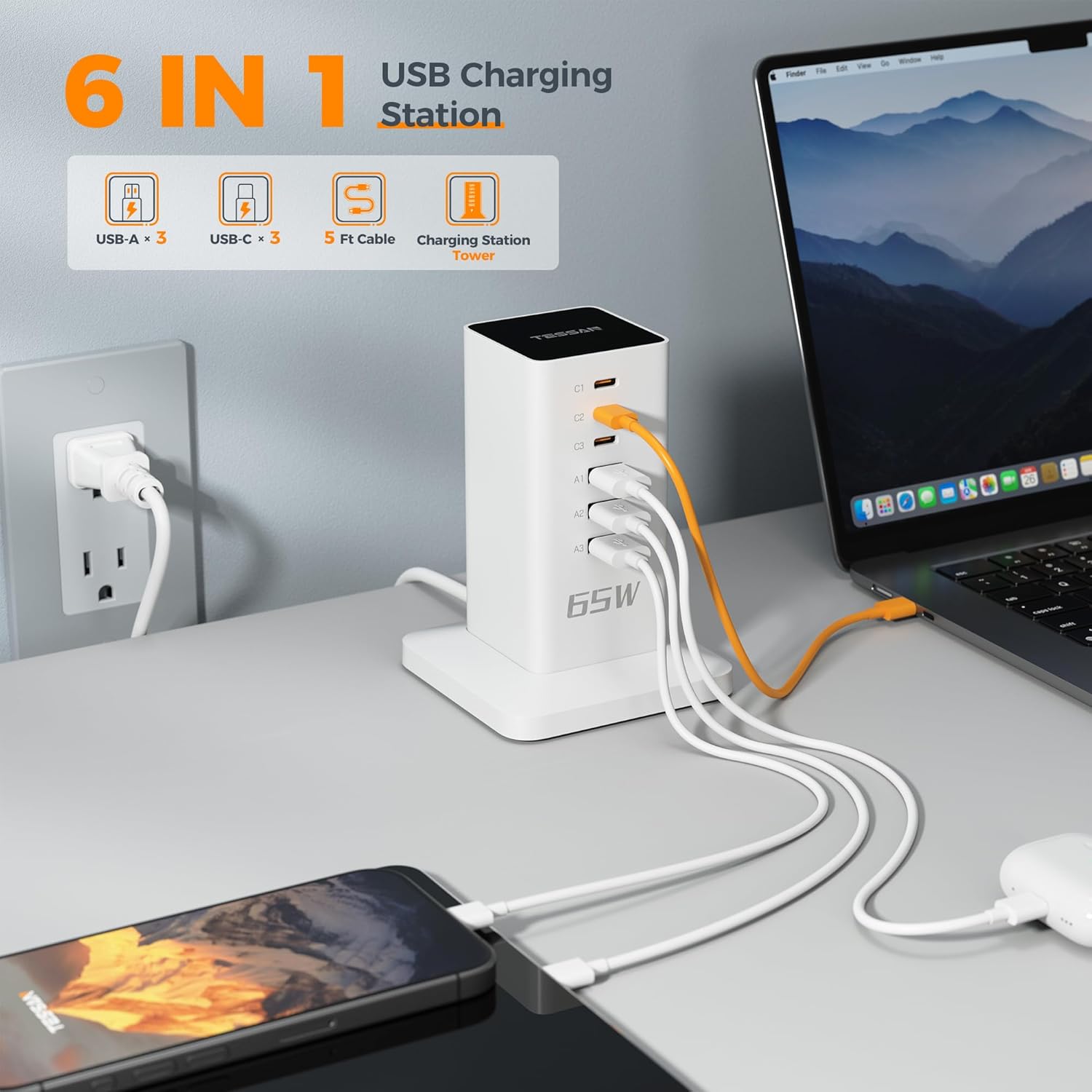 TESSAN 6-in-1 USB Charging Station in use, showing a laptop, smartphone, tablet, and earbuds all connected and charging simultaneously.