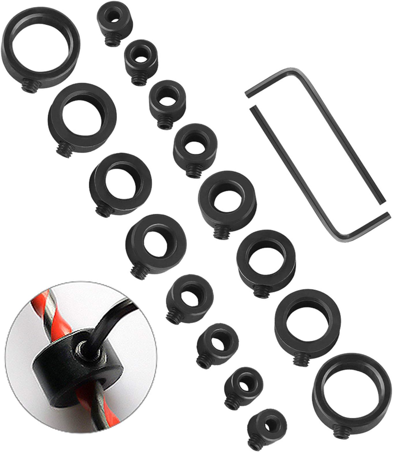 Depth Stop Drill Bit, 18 Piece Drill Stop Collar Set Positioner Ring and Hex Wrench (3mm, 4mm, 5mm, 6mm, 8mm, 10mm, 12mm, 16mm)