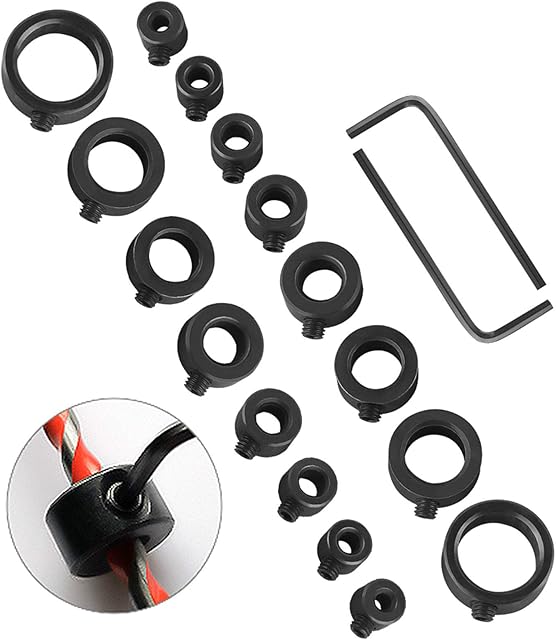 Depth Stop Drill Bit, 18 Piece Drill Stop Collar Set Positioner Ring and Hex Wrench (3mm, 4mm, 5mm, 6mm, 8mm, 10mm, 12mm, 16mm)