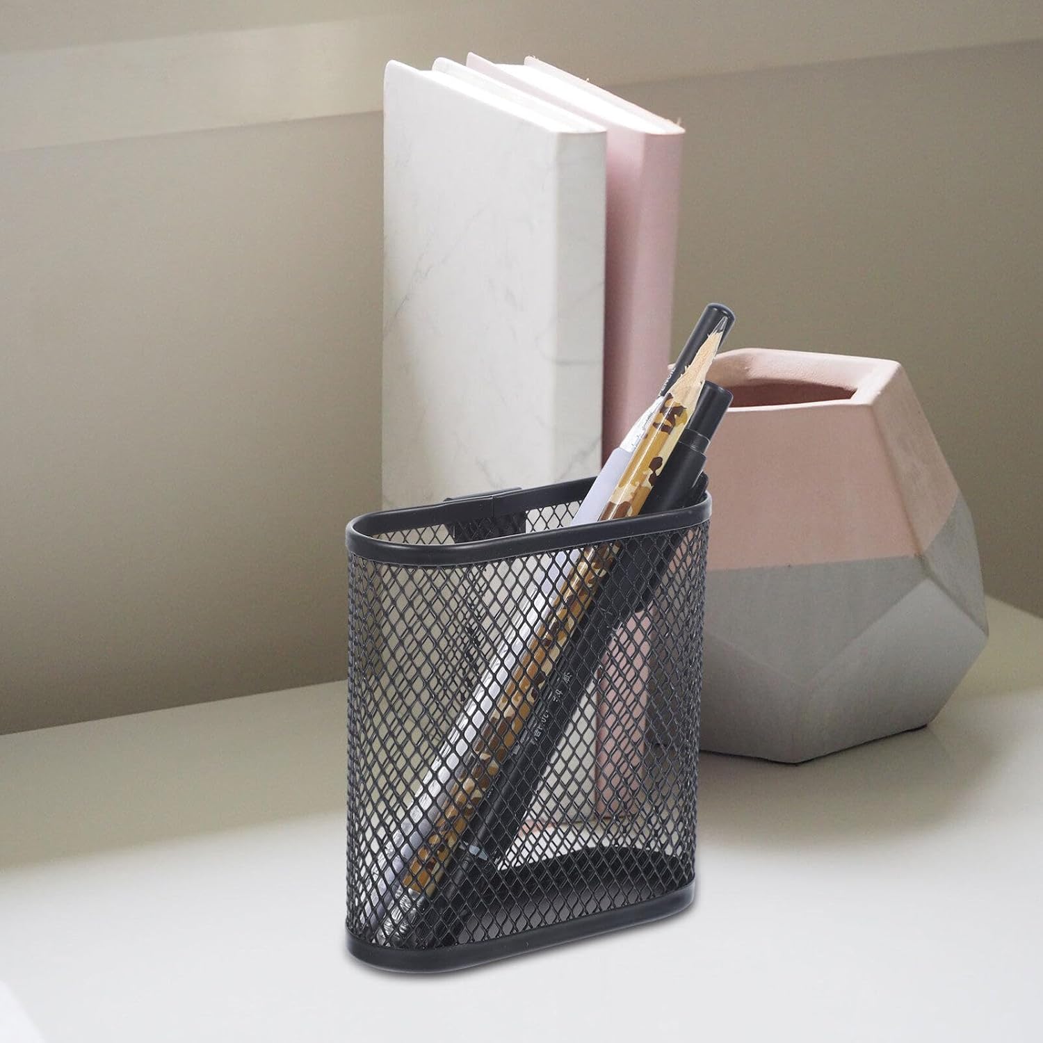 Black Mesh Pen Holder Oval Shape Metal Desk Organizer for Office Stationery Storage, 3.93 X 3.54 X 1.37 Inch - Image 2