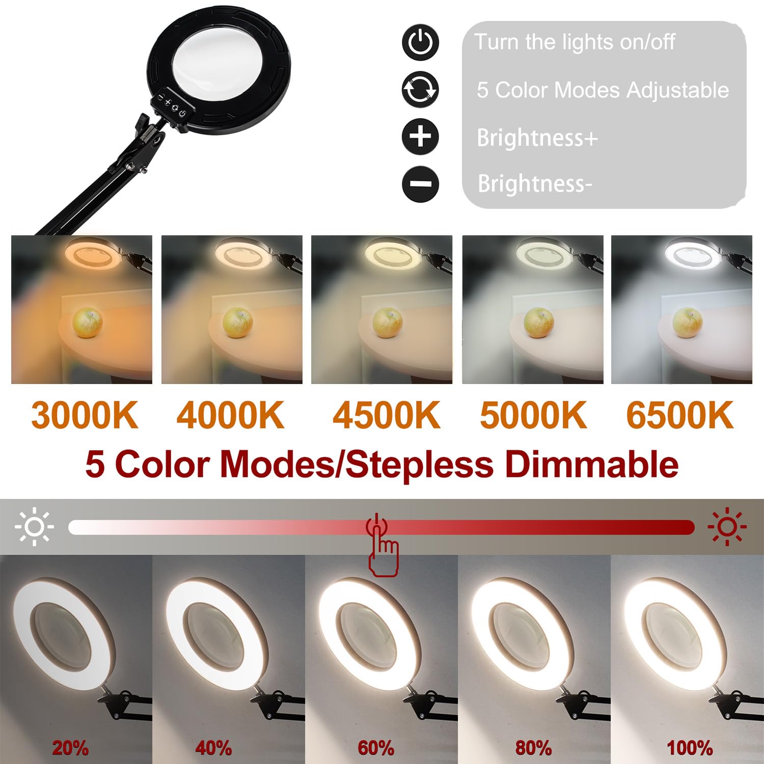 Lupa de 12 aumentos con luz, lámpara de aumento 2 en 1 con luz y soporte, 5 modos de color, lámpara de escritorio con luz LED y abrazadera, manos libres para manualidades, pasatiempos, lectura