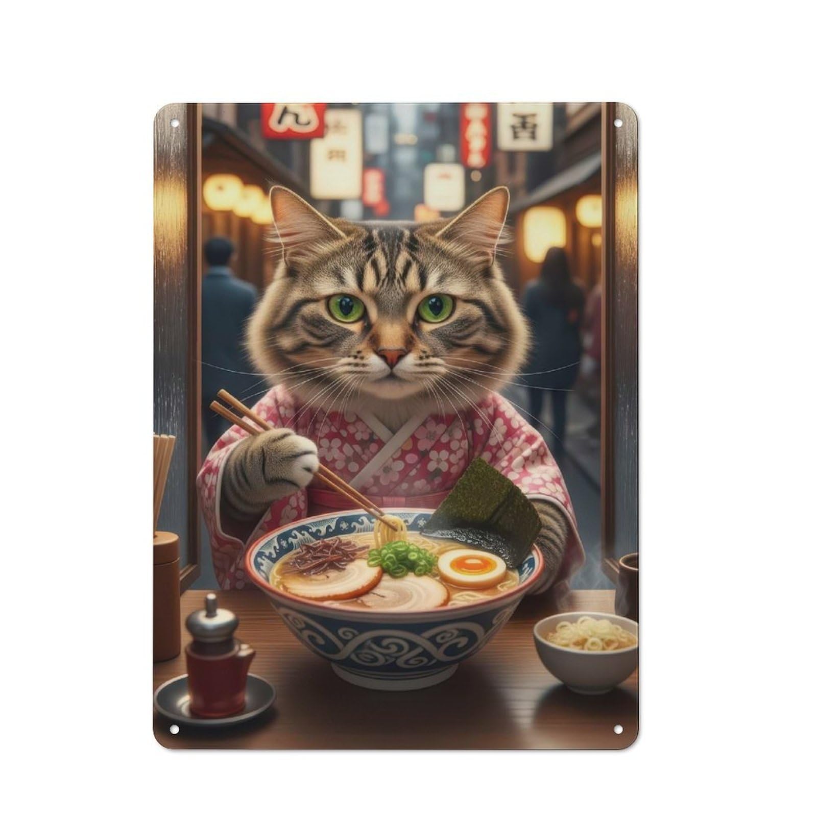Tin Wall Sign with Cat in Kimono Eating Ramen Design 40x30cm, Classic Kitchen Wall Decor for Restaurant, Kitchen, Counter Or Breakfast Nook