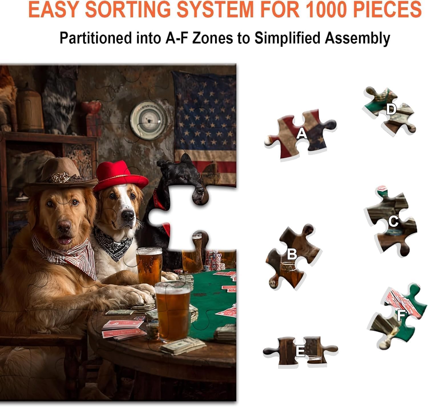 Funny Dogs Playing Poker – 1000 Piece Puzzle for Adults, Western Style Dog Bar Scene with Beers and Cards image 4