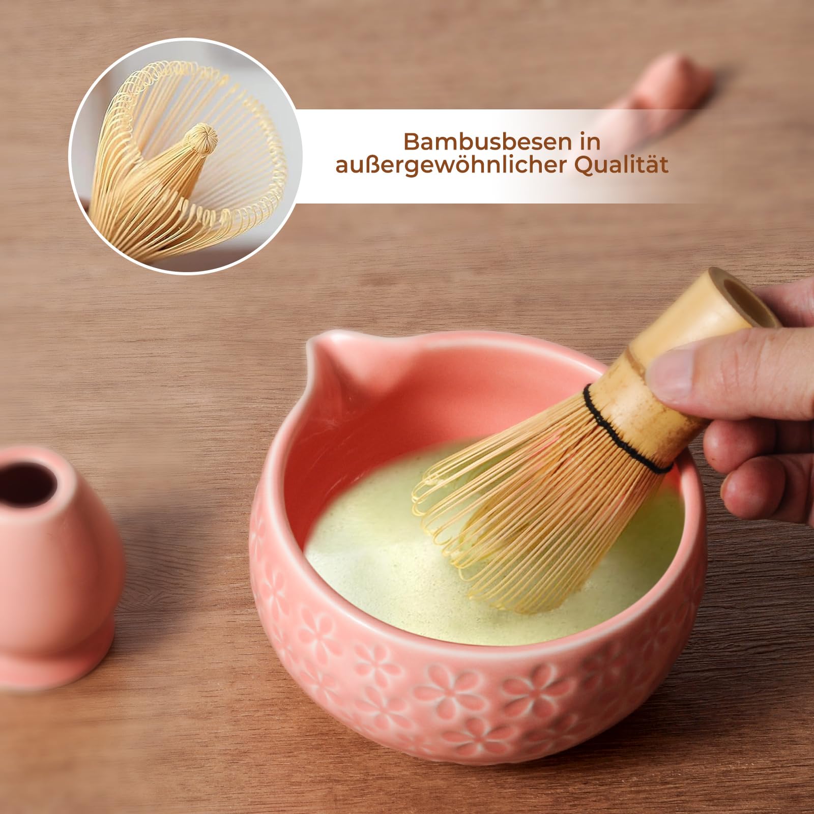 Souvik Kit de Matcha Japonés 7 Piezas – Matcha Set de Ceremonia con Tazón con Pico, Batidor de Bambú, Cuchara, Tamiz, Soporte y Paño – Regalo Ideal para Amantes del Té, Rosa