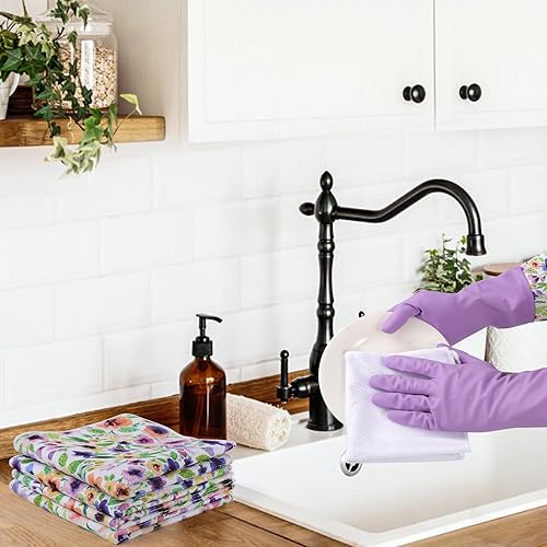 Miniatura 6 de Edmallu 2 Pairs Dishwashing Gloves With 4 Printed Dishcloths - 15.35 Latex Free Cuff Flock Lining Rubber Gloves Cleaning