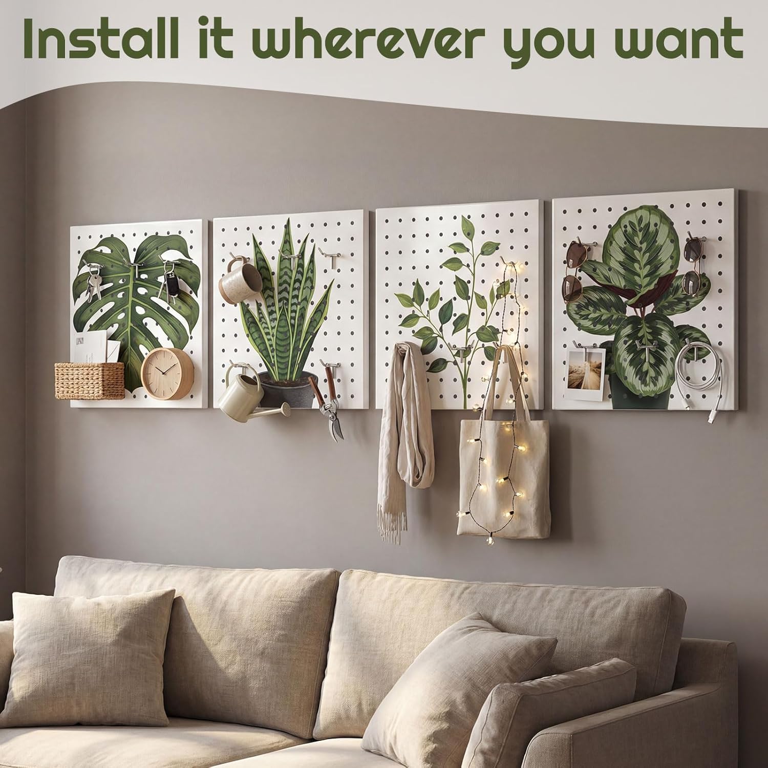 Boho Wall Decor Pegboard, 12x12 Inch Metal Display Board for Small Space, Ins Style Decor for Bedroom, Desk, Dorm, Living Room