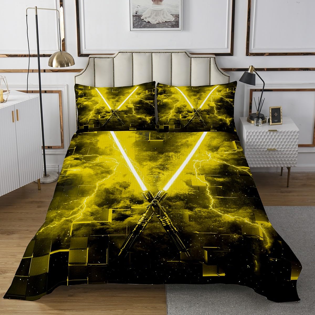 Yellow Neon Lightsaber Bedspread Set,Queen Kids Boys Gamer Themed Quilt Set,Lightsaber Grommet Quilted Coverlet for Boys Girls Teens Room Decor,3D Geometrical Square Grid Bed Cover Glowing Lighting