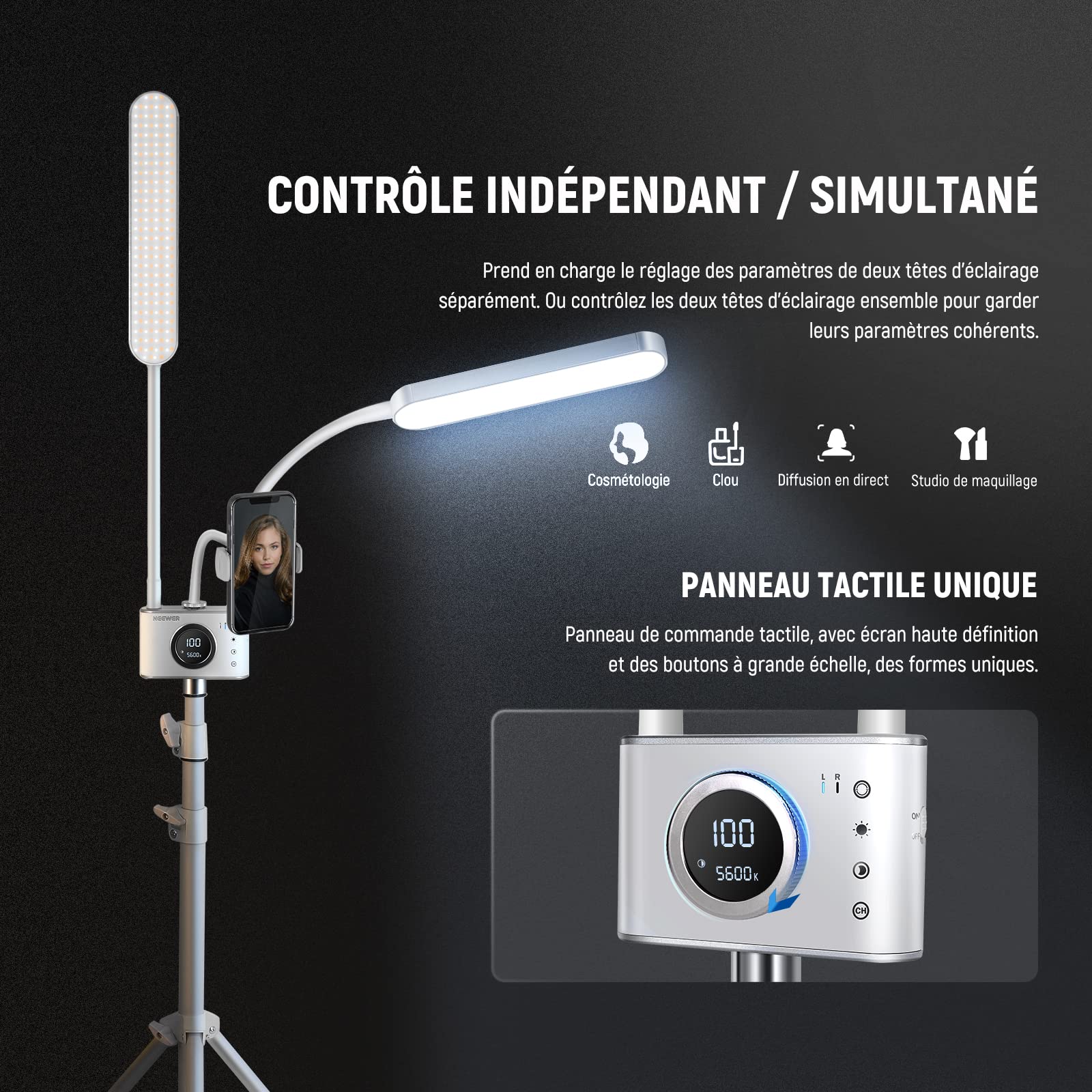 Lampe LED Esthéticienne Neewer Avec Support Téléphone - 2 Bras Flexibles 3200K-5600K - CRI98+ - Pour Cils, Maquillage, Tatouage