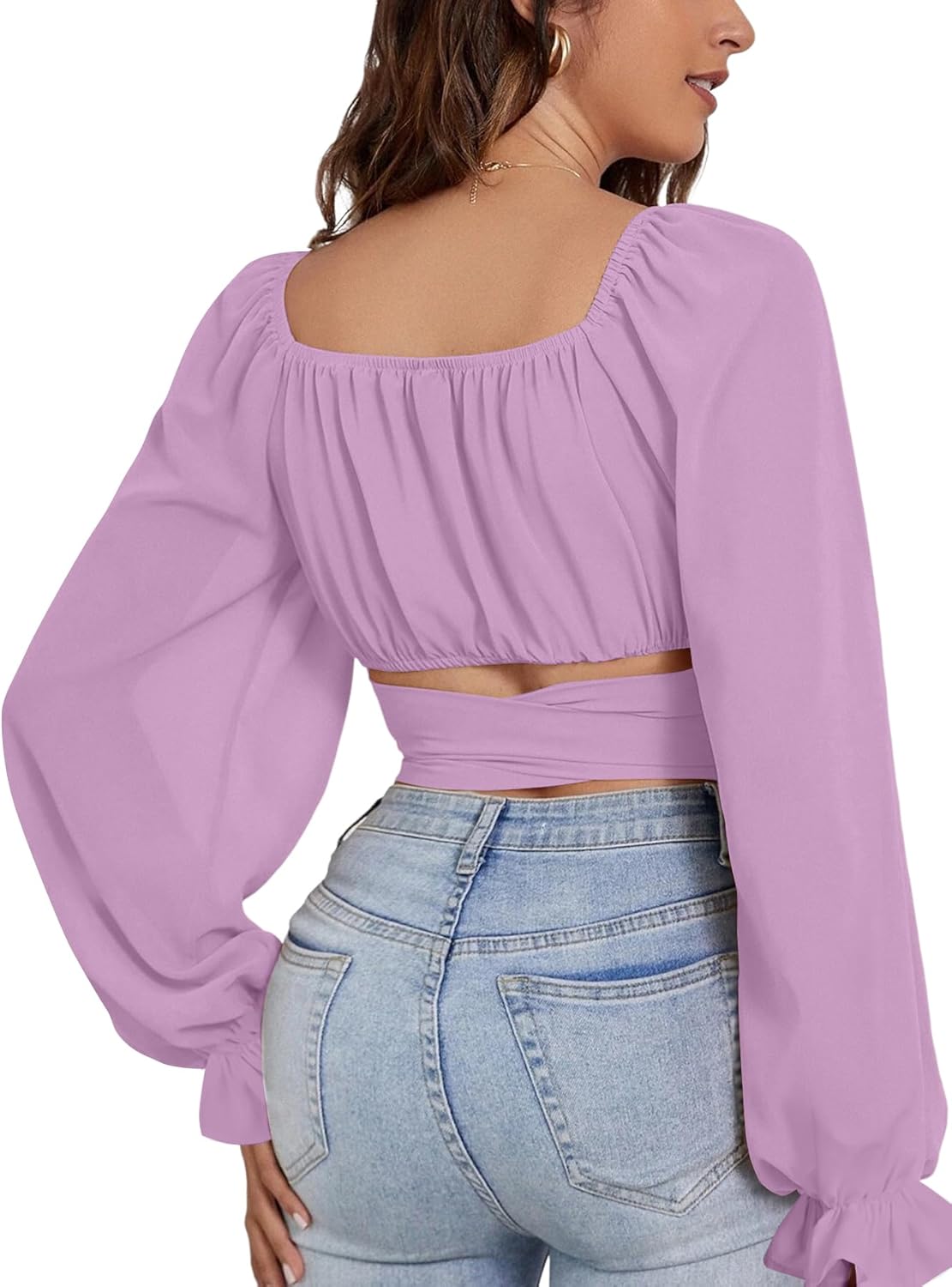 Rooscier Women's Ruched Wrap Square Neck Flounce Long Sleeve Self Tie Crop Top Blouse Solid Light Purple X-Large - Image 2