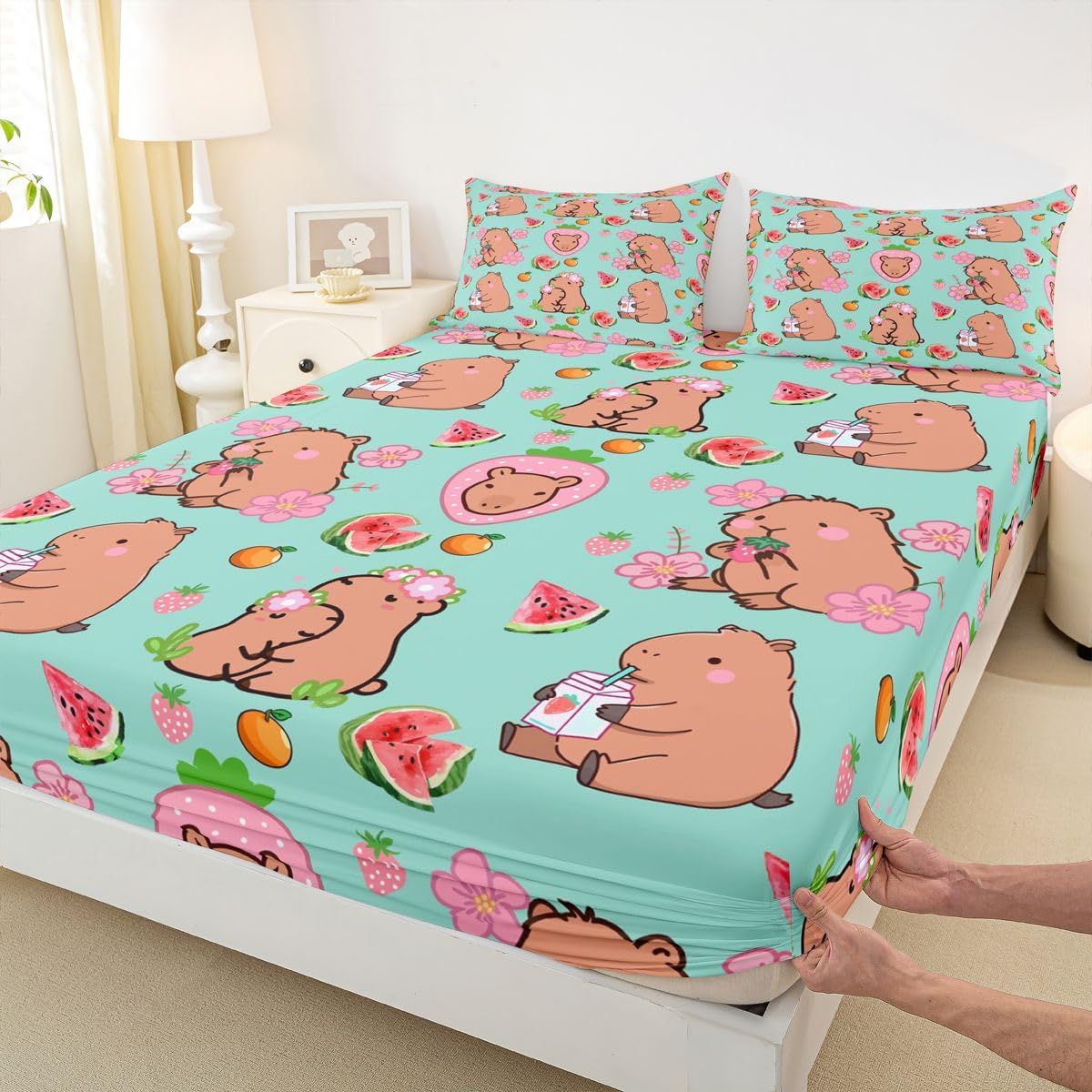 Capybara Lover Bedding Set Cartoon Rodent Animal Bed Sheets Capybara Gifts for Kids Watermelon Strawberry Fitted Sheet Cute Flower Kawaii Sheets,1 Pillow Case,Teal Capybara Room Decor,Twin