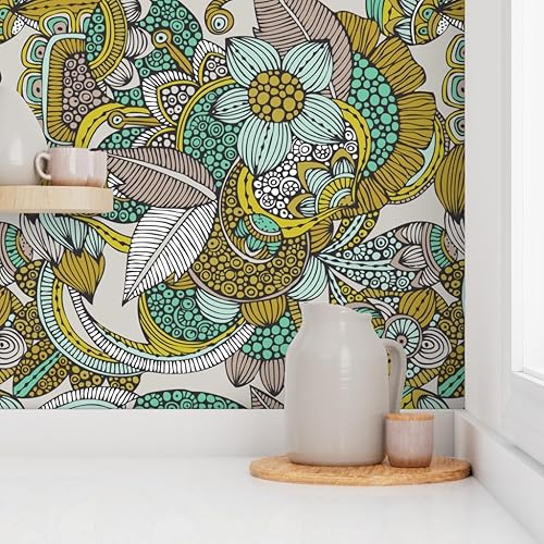 Miniatura 8 de Spoonflower Peel & Stick Wallpaper Swatch - Mustard Mint Flowers Doodles Lines Dots Circles Style Vintage Boho Custom Removable Wallpaper