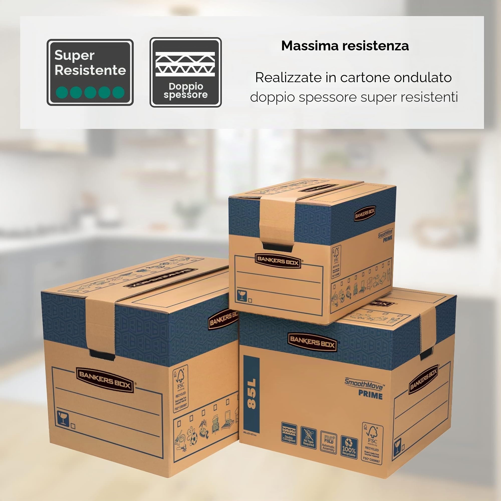 Bankers Box 5 Scatole trasloco SmoothMove XL robuste, scatole cartone FastFold da 85L, scatole a doppio spessore resistenti con maniglie, 40,5 x 45,5 x 45,5 cm, Confezione da 5