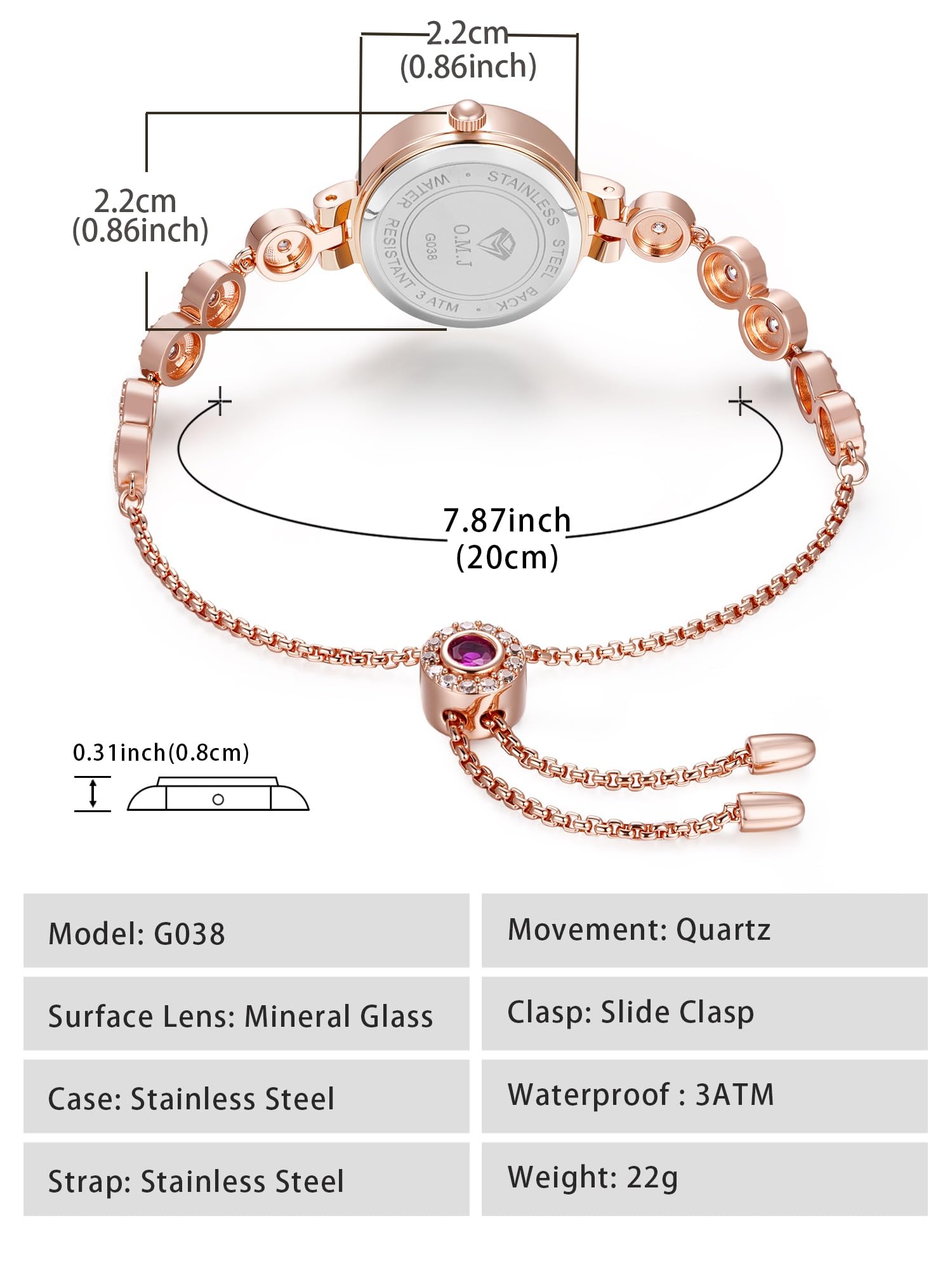 O.M.J Reloj para mujer de oro rosa con esfera de nácar y piedra natal con detalles de cristal