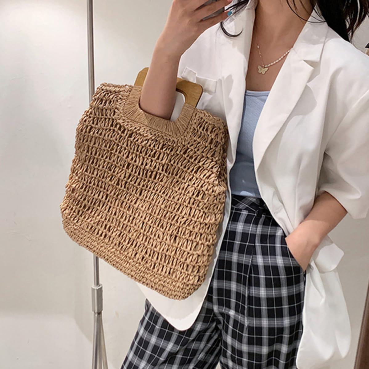 Bolso de Playa Tejido a Mano al Crochet, Bolsa de Almacenamiento Portátil, Gran Capacidad, Ligero, Color Caqui, para Mujer, Compras Diarias y Vacaciones Playa