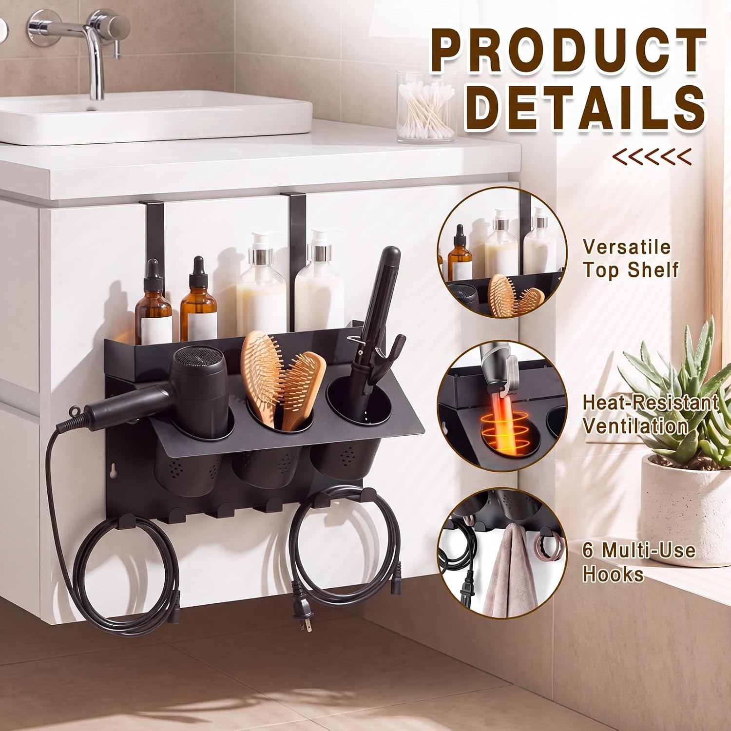 Domensi Hair Dryer Holder 3-in-1 Hair Tool Organizer with 6 Hooks Adjustable Height Blow Dryer Holder for Bathroom Cabinet Door Wall Storage Heat Resistant Styling for Flat Iron Curling Iron
