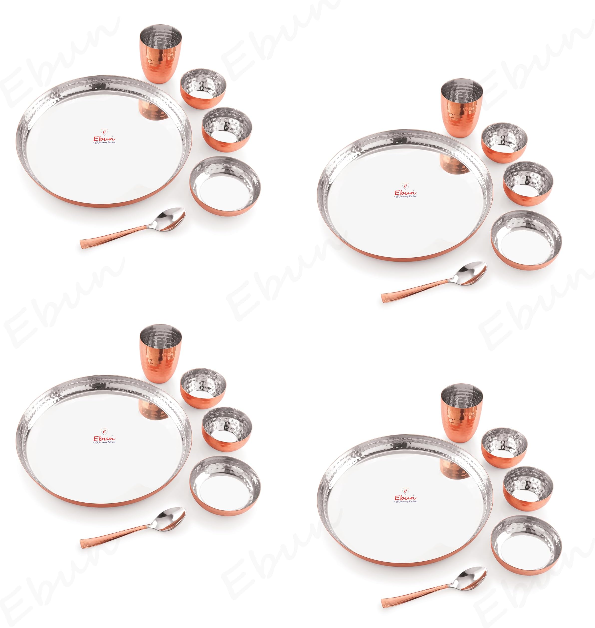 Ebun Heavy Gauge Stainless Steel Dinner Set | Copper Plated Hand Hammered Steel Thali Set | Stainless Steel Dinner Set for Kitchen | Thali Set for Dinner | Pack of 4 | 24 Pieces
