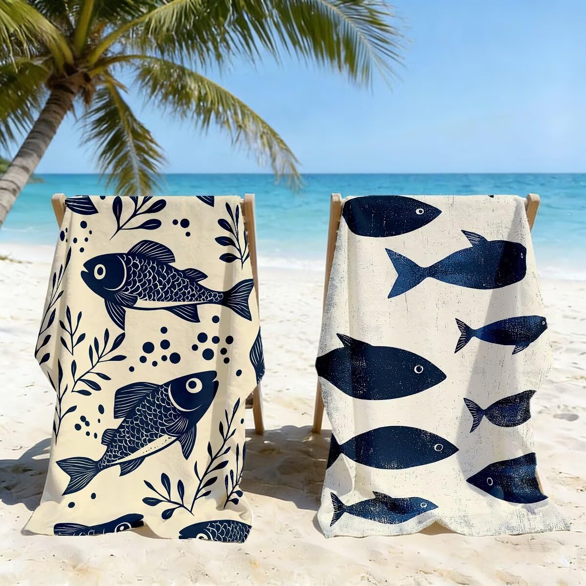 Toalla Playa 90x180 cm, Toalla Gimnasio Microfibra Secado Rapido, Juego de 2 Antiarena Toallas de Playa, Ligera Compacta Toallas Microfibra Grande para Viaje, Regalo Hombre Regalo Mujer (Pez) -4427