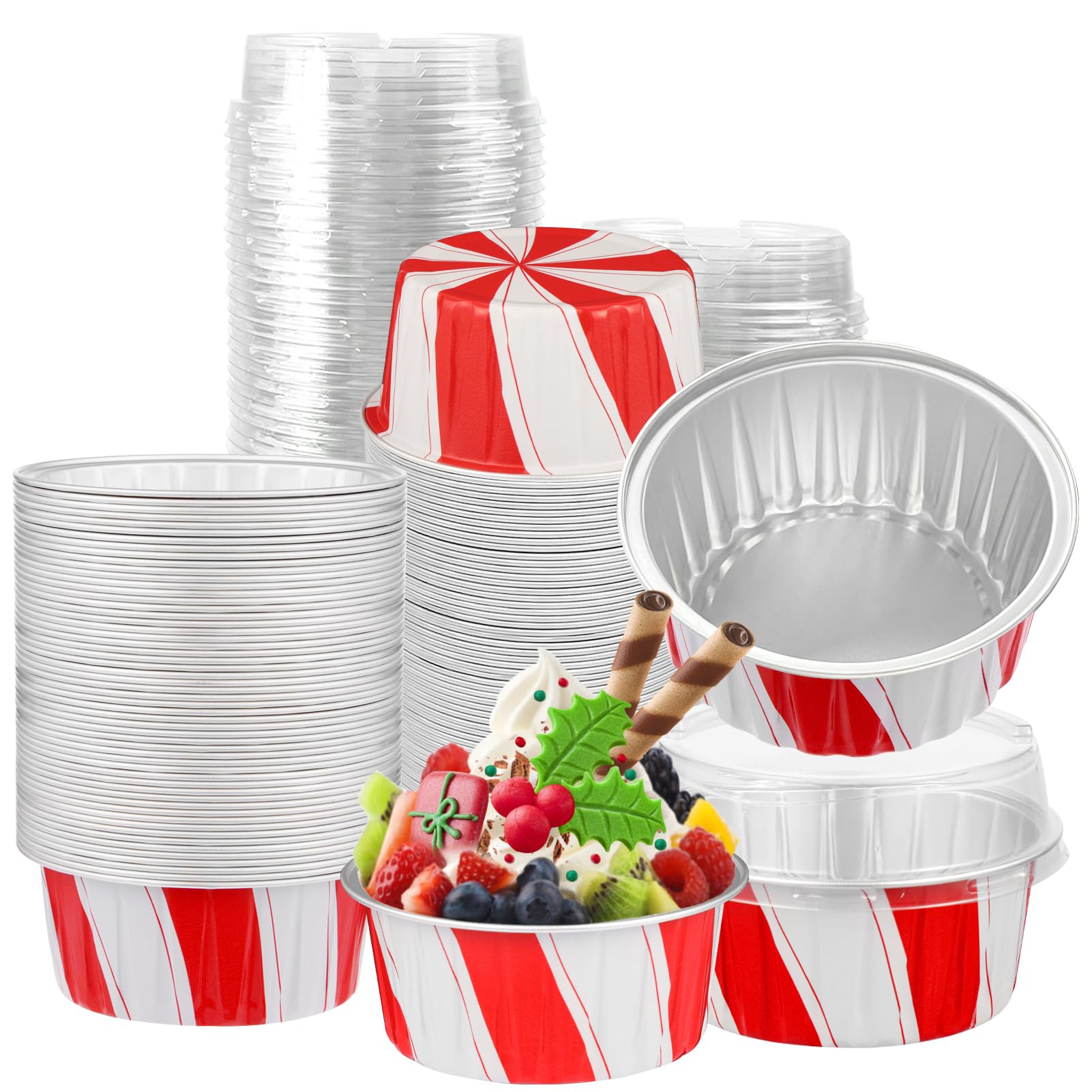 Photo 1 of 100Pcs Christmas Aluminum Cups with Lids,5oz Disposable Ramekin Baking Cups Muffin Liners Mini Pie Pans Foil Cupcake Containers for Christmas Party,Style A