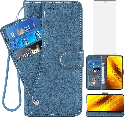 Asuwish Compatible con Xiaomi Poco X3 Pro/PocoX3 NFC/Poco X3 Funda tipo cartera de vidrio templado, protector de pantalla con tapa para tarjeta de