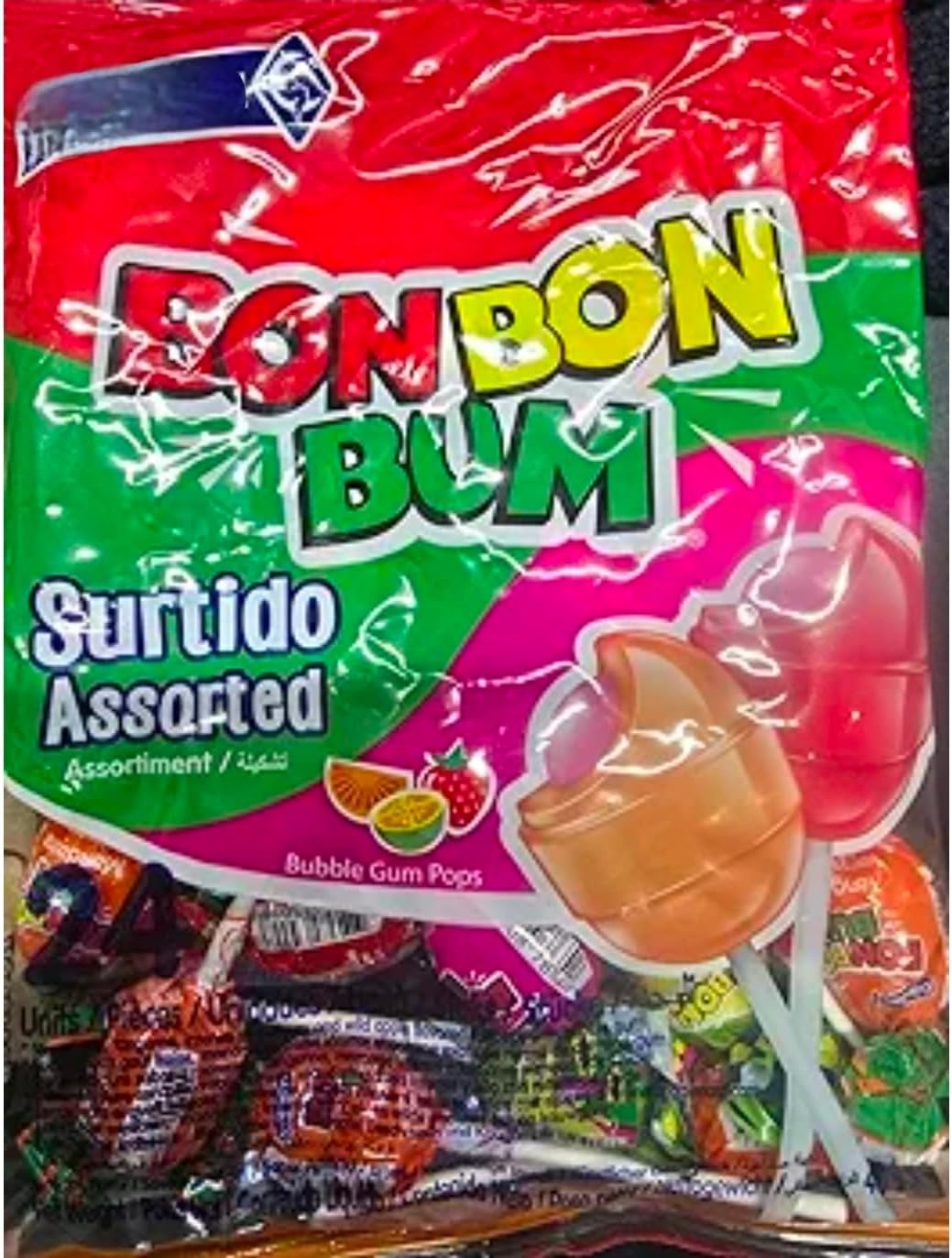 BonBon Bum Bubble Gum Lollipops, Assorted Hard Candy, 24 Pack