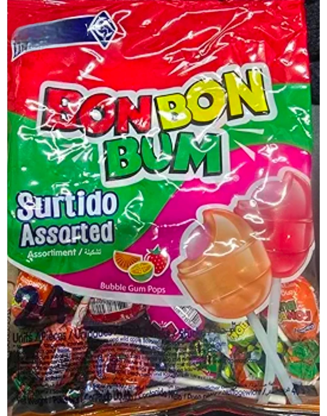 BonBon Bum Bubble Gum Lollipops, Assorted Hard Candy, 24 Pack