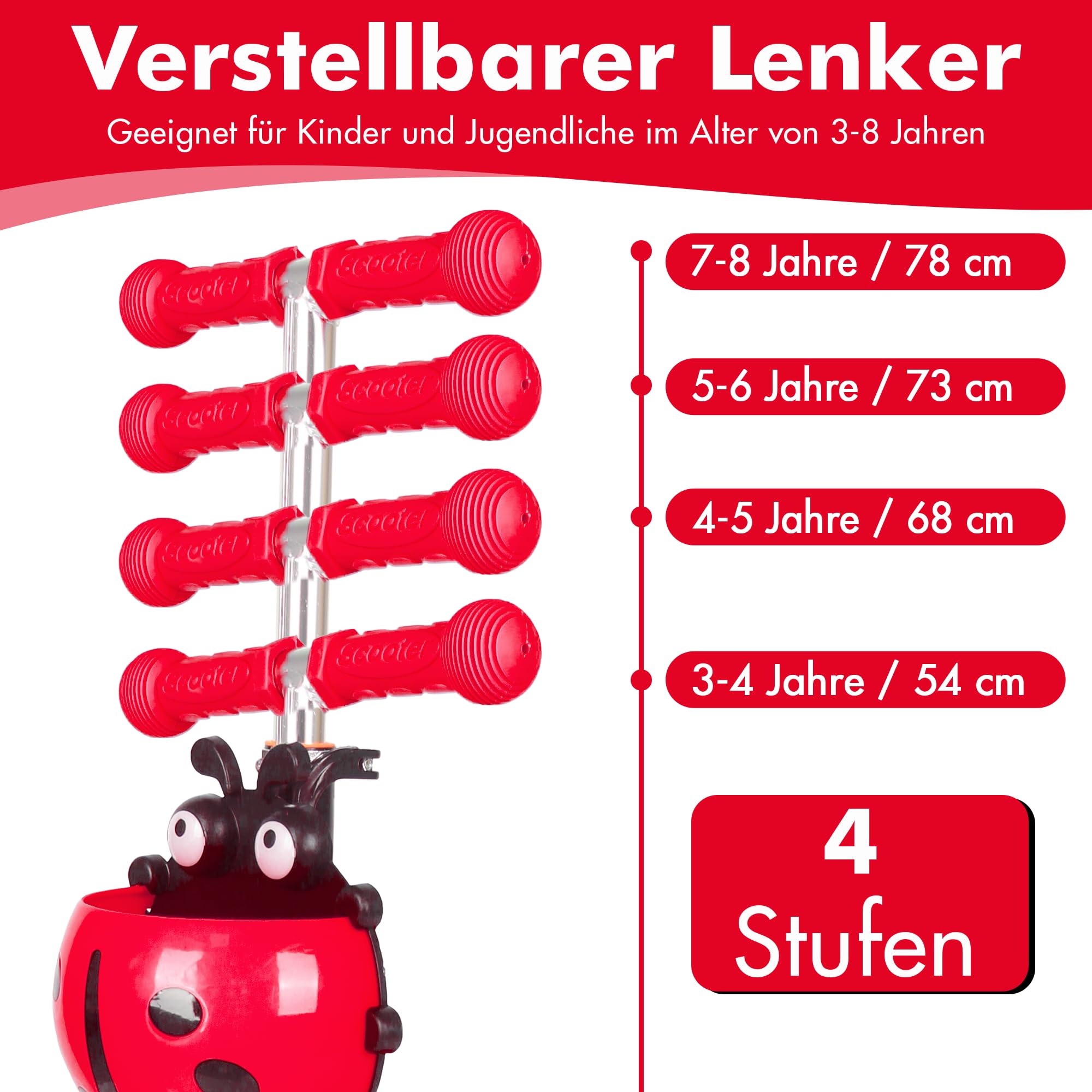 Habib Gruppe Monopattino 3 in 1 per bambini e bambine – sedile rimovibile, ruote a LED, manubrio regolabile in altezza, scooter – Monopattino – per bambini da 2 a 8 anni