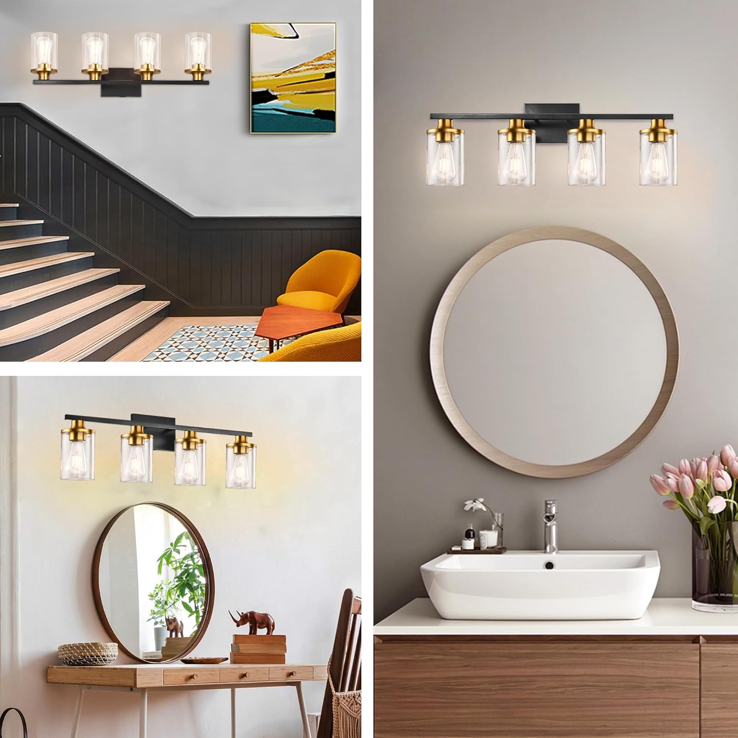 GROWER 4 Lights Bathroom Light Fixtures, Black and Gold Bathroom Vanity Lights Over Mirror, Wall Sconces with Clear Glass Shade, Brushed Nickel Vanity Light Fixture for Bedroom Hallway Porch