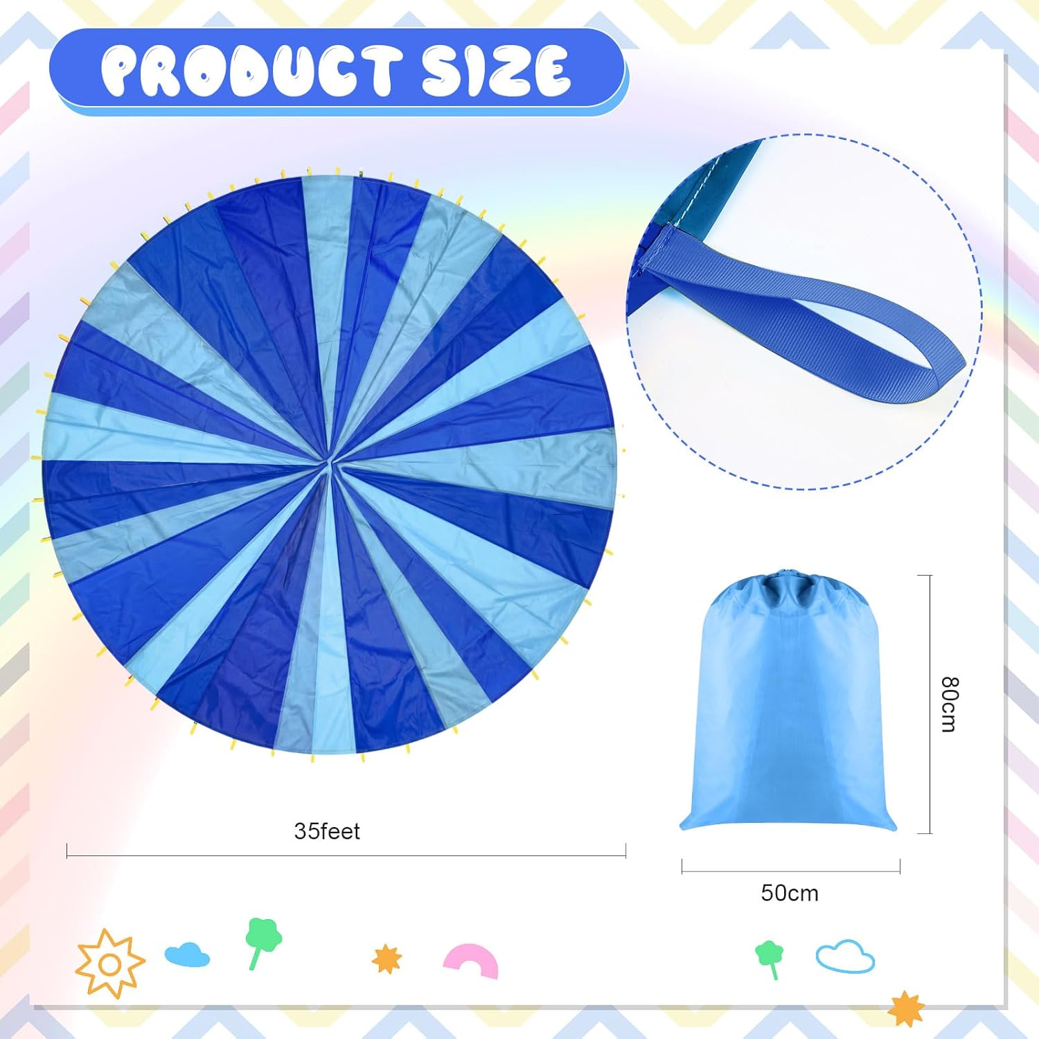 Play Parachute, Large Rainbow Parachute with Handles Multicolored Toy Tent Cooperative Group Play Games for Indoor Outdoor Playground Activities