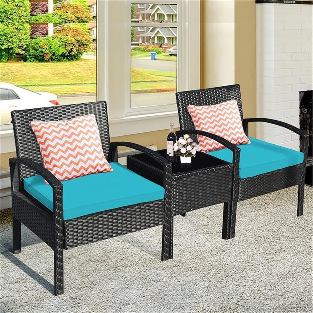 Pemberly Row 3-Piece Rattan Patio Furniture Set, Turquoise Cushions, PE Rattan Steel Frame, Includes 2 Chairs and Tempered Glass Coffee Table, Outdoor Use for Patio, Porch, Poolside