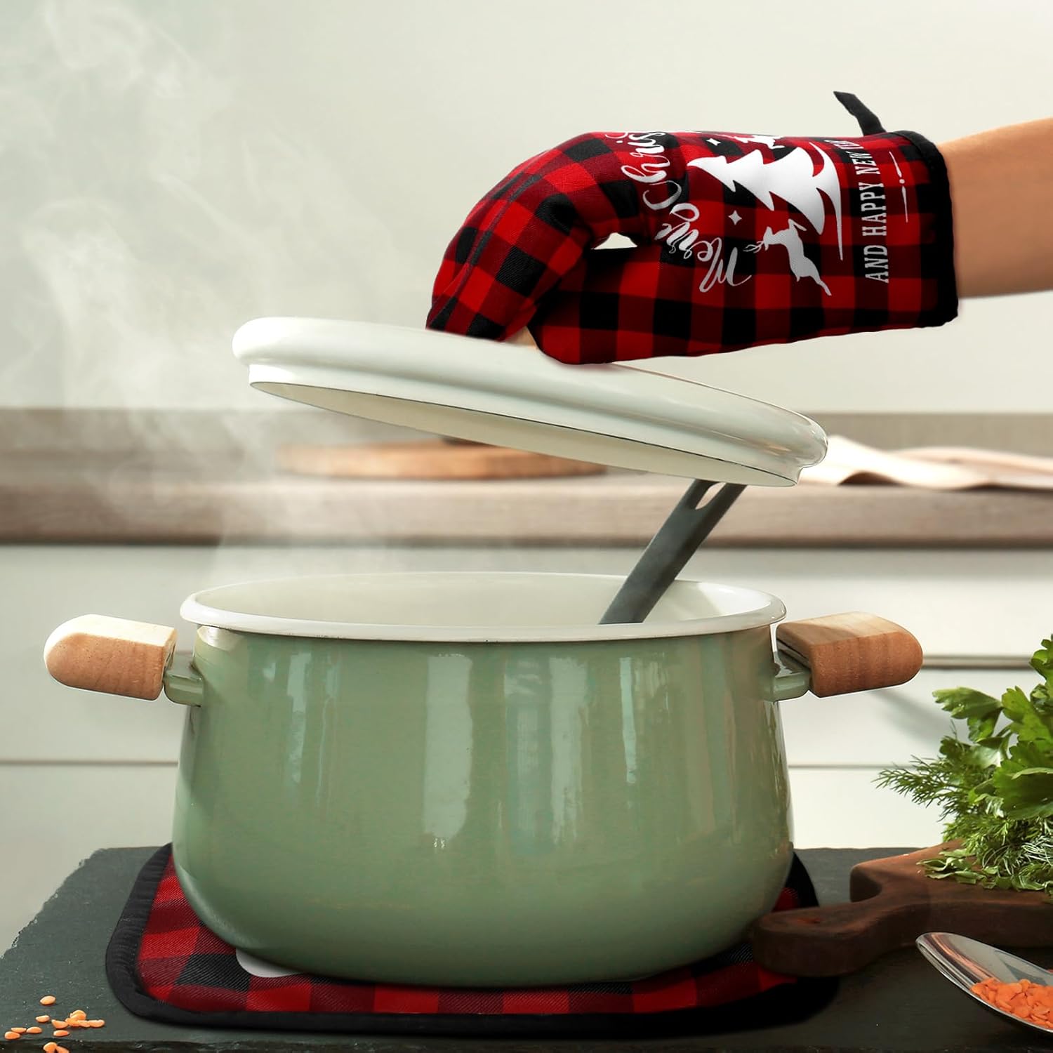 Leinuosen 8 Pcs Christmas Kitchen Decoration Set Christmas Tree Kitchen Towels Oven Mitts and Pot Holders Red Black Buffalo Plaid Dish Towels Oven Mitts Accessories for Baking Cooking(Red,Elk) - Image 7