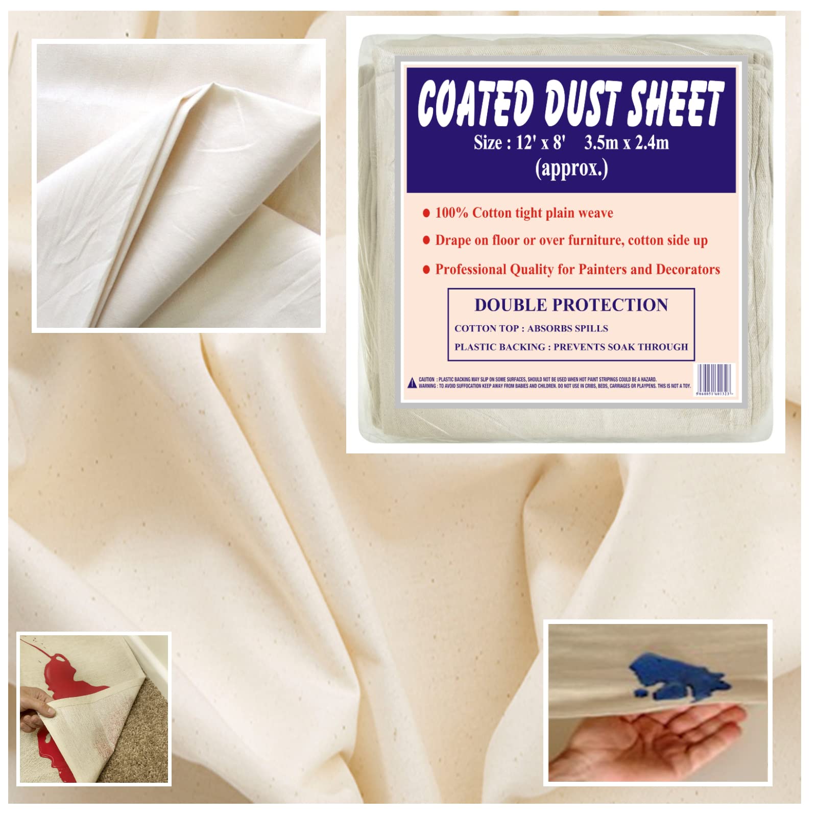 Polythene Backed, Laminated, Poly Plastic Backed, Coated Cotton Calico Dust Sheet for Painting & Decorating (1xCoated129) — image 1