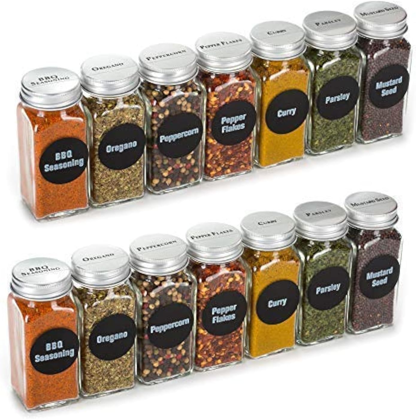 Premium Vials 4oz, BEST VALUE 14 Glass Spice Jars includes pre-printed 113 CLEAR PVC labels & round 126 CHALKBOARD labels. 14 Square Empty Jars, Airtight Cap, kitchen Funnel Pour/Sift Shakers