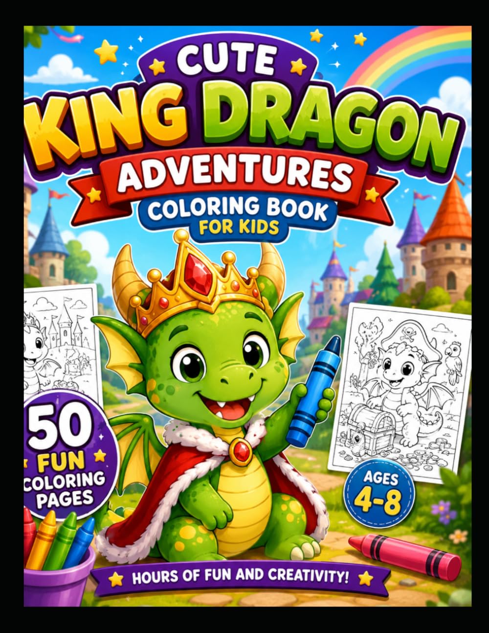 Cute King Dragon Adventure Coloring Book: 50 Fun Coloring Pages for Kids Ages 4-8