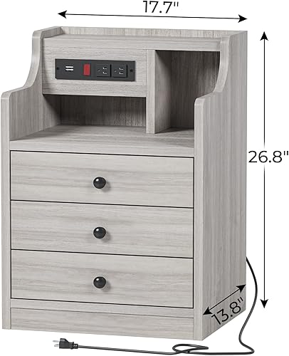Miniatura 2 de ADORNEVE Mesita de noche con estación de carga,Mesita de noche negra para dormitorio,Mesa auxiliar con gabinete y cajones de almacenamiento