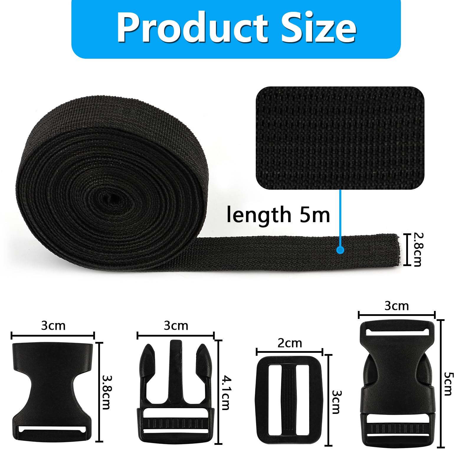Sangle Nylon 25mm X 5m - Noire - Avec 10 Boucles Et 10 Curseurs - Polyvalente Et Résistante