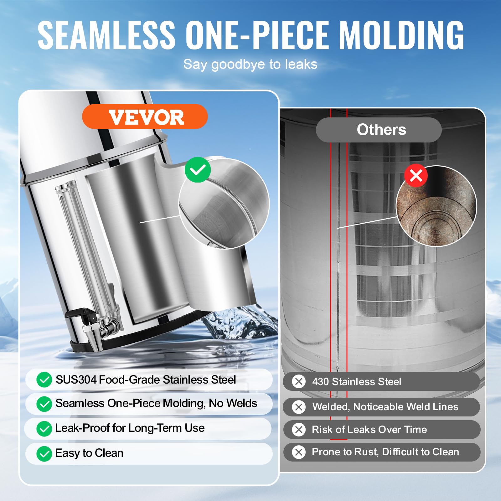 VEVOR Sistema de Filtración de Agua por Gravedad 7,5 L Sistema de Encimera Acero Inoxidable Reduce Plomo y hasta 99% de Cloro con 2 Filtros de Carbón Activado, 2 Filtros de Desfluoración, Grifo